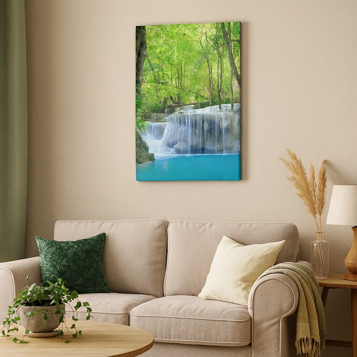 Quadro su tela - Stampe su Tela - Una cascata tra alberi verdi con acqua blu in un ambiente naturale - 50x70cm - Annegare nel turchese e nel verde - Decorazione murale moderna per soggiorno e camera da letto ARTTOR