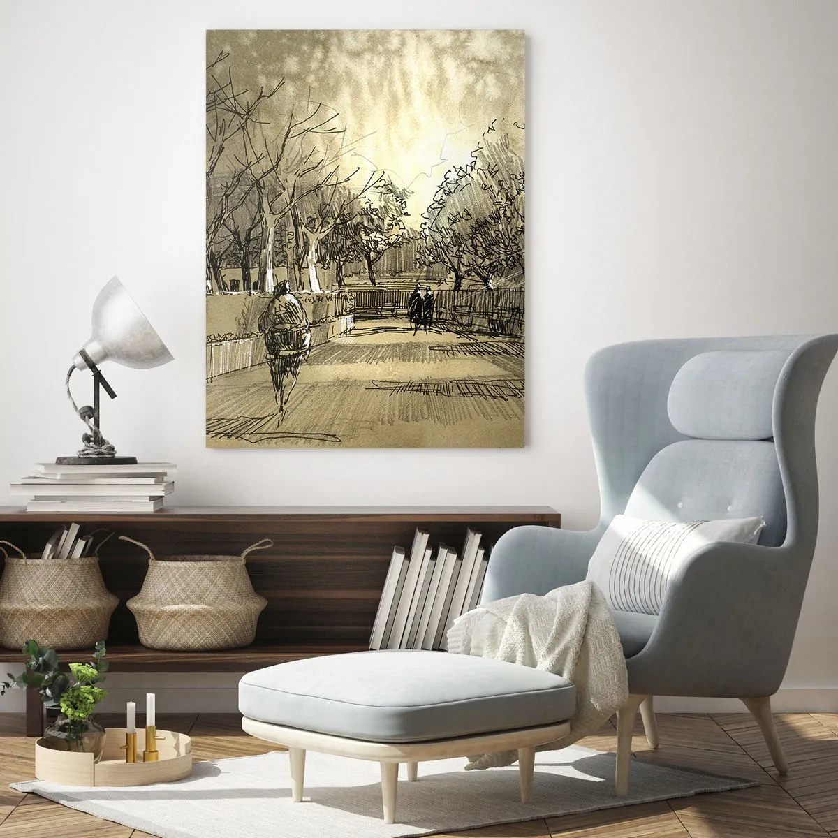 Quadro su vetro - Un disegno di un parco con sentieri e persone che camminano - 50x70cm - Attimo fermato con la penna - Decorazione murale moderna per soggiorno e camera da letto ARTTOR