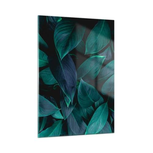 Quadro su vetro - Foglie verdi dense su uno sfondo scuro - 50x70cm - Il verde puro - Decorazione murale moderna per soggiorno e camera da letto ARTTOR