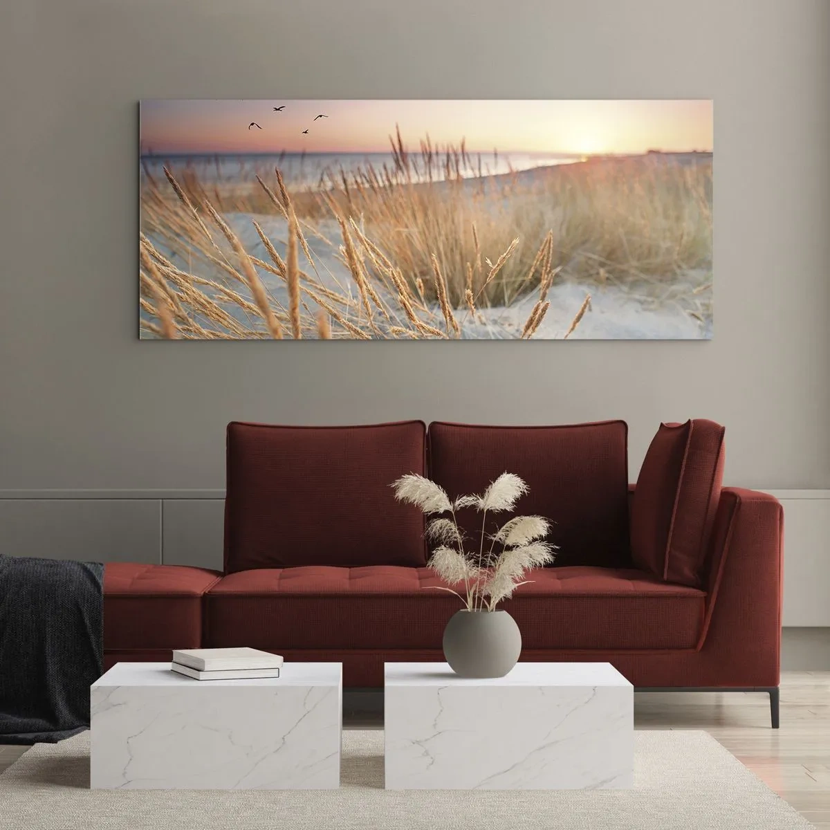 Quadro su vetro - Spiaggia al tramonto con erba alta - 140x50cm - Ninna nanna baltica - Decorazione murale moderna per soggiorno e camera da letto ARTTOR