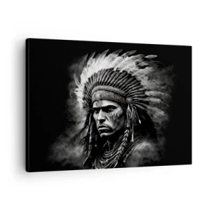 Quadro su tela - Stampe su Tela - Ritratto di un capo con un copricapo piumato su sfondo nero - 70x50cm - Capo e guerriero - Decorazione murale moderna per soggiorno e camera da letto ARTTOR
