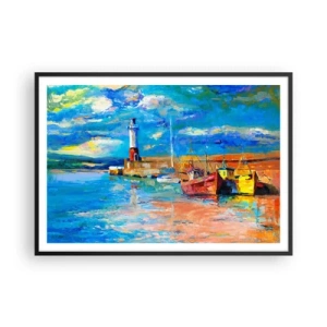 Poster in cornice nera - Porto di pescatori con barche e un faro dai colori vivaci - 100x70cm - Pomeriggio nell'insenatura multicolore - Decorazione murale moderna per soggiorno e camera da letto ARTTOR