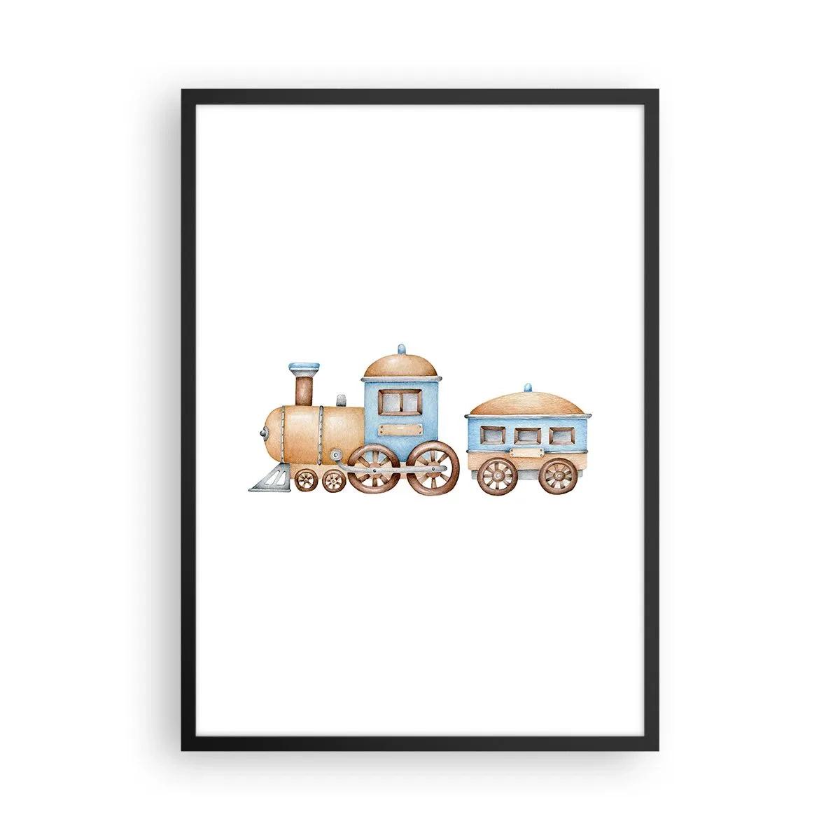Poster in cornice nera - Treno acquerello nei toni del blu e del beige - 50x70cm - Fermo alla stazione... - Decorazione murale moderna per soggiorno e camera da letto ARTTOR