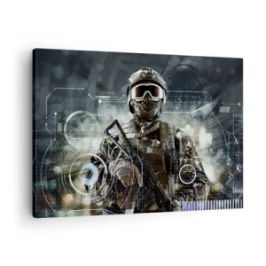 Quadro su tela - Stampe su Tela - Un soldato con un casco futuristico e una pistola sullo sfondo della tecnologia. - 70x50cm - Potenza al quadrato - Decorazione murale moderna per soggiorno e camera da letto ARTTOR