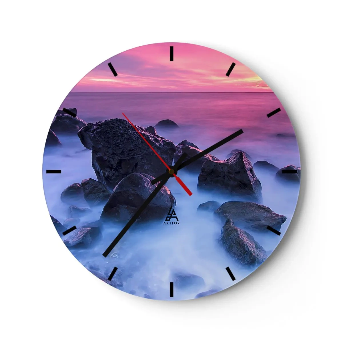Orologio da parete - Orologio in Vetro - Pietre in riva al mare al tramonto nei toni del rosa - 30x30cm - Nascita nella luce e nella nebbia - Decorazione murale moderna per soggiorno, cucina e camera da letto ARTTOR