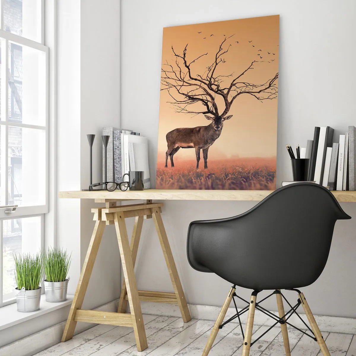 Quadro su vetro - Illustrazione di un cervo con un albero come corna - 50x70cm - L'Antico Cervo, eterno spirito del bosco - Decorazione murale moderna per soggiorno e camera da letto ARTTOR