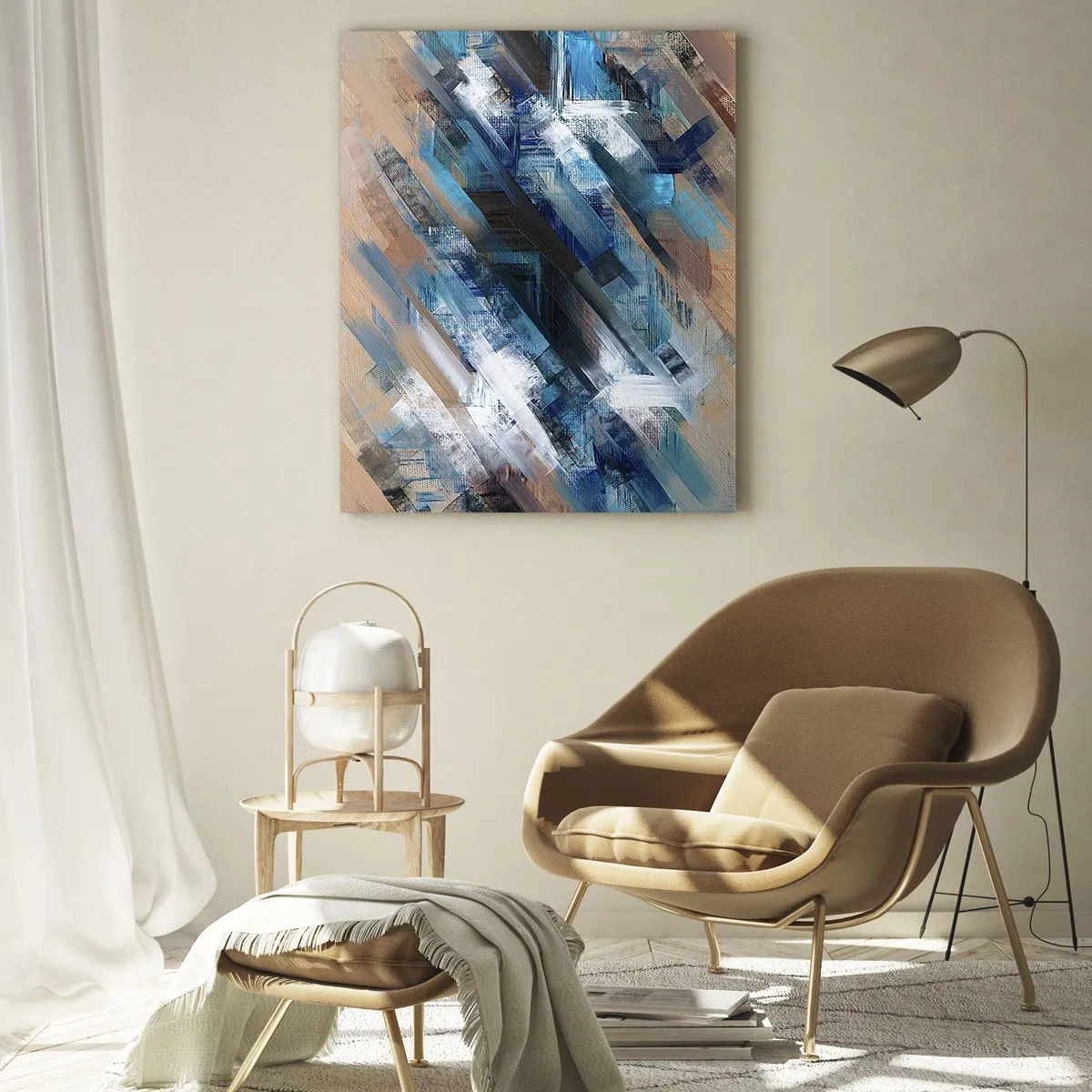 Quadro su vetro - Strisce diagonali astratte nei toni del blu, bianco e beige - 50x70cm - Sulla diagonale blu - Decorazione murale moderna per soggiorno e camera da letto ARTTOR