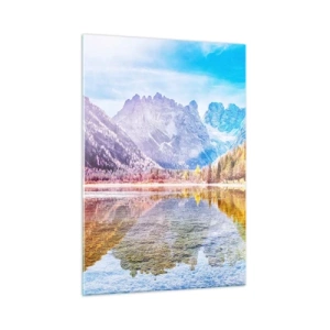 Quadro su vetro - Montagne autunnali riflesse nel lago, circondate da alberi colorati - 50x70cm - E nei monti è già autunno - Decorazione murale moderna per soggiorno e camera da letto ARTTOR
