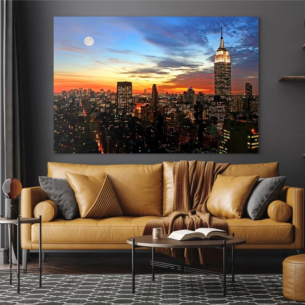 Quadro su vetro - Panorama notturno della città con edifici illuminati - 120x80cm - Luminosa notte americana - Decorazione murale moderna per soggiorno e camera da letto ARTTOR