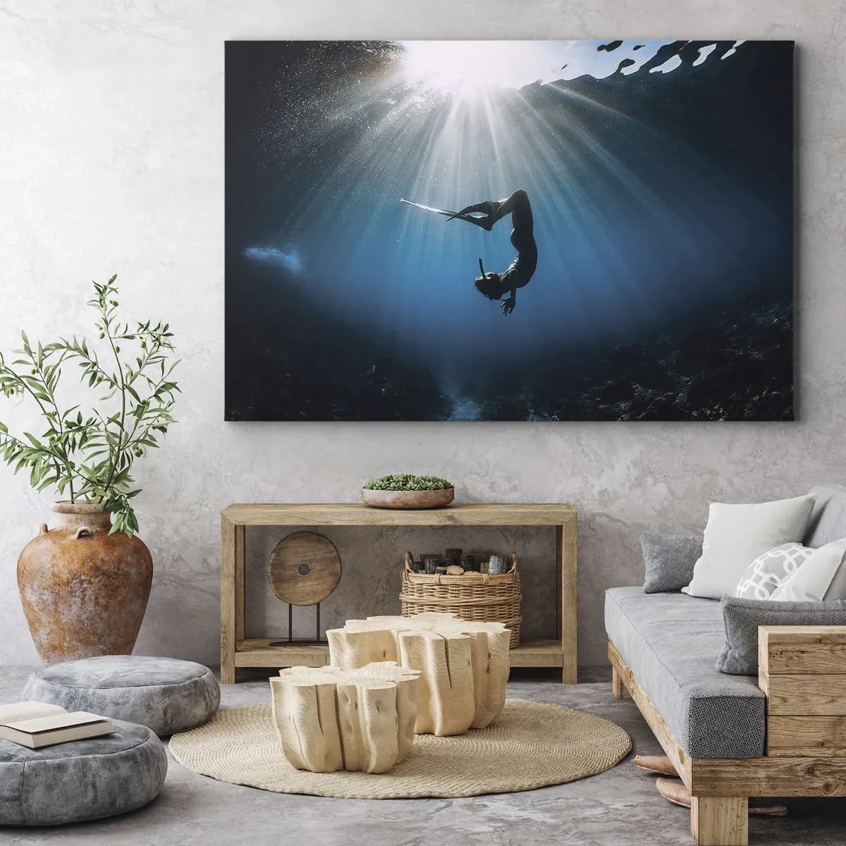 Quadro su tela - Stampe su Tela - Un subacqueo che galleggia in un raggio di luce sott'acqua - 100x70cm - Danza subacquea - Decorazione murale moderna per soggiorno e camera da letto ARTTOR