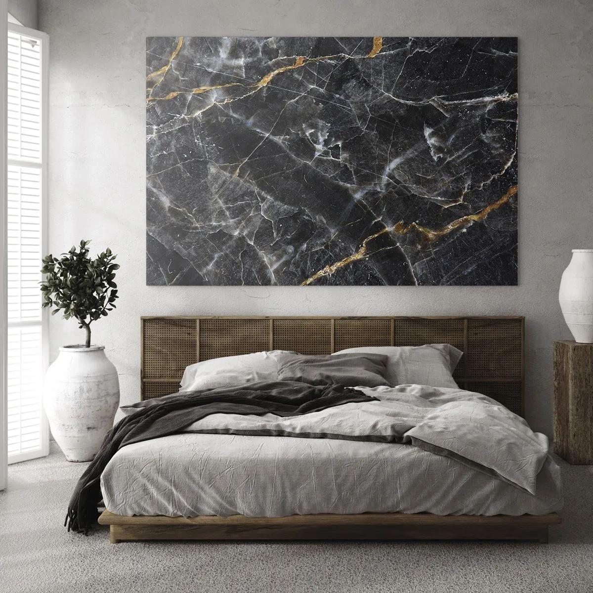 Quadro su vetro - Motivo in marmo nero e oro con venature bianche - 120x80cm - La vita interiore delle pietre - Decorazione murale moderna per soggiorno e camera da letto ARTTOR