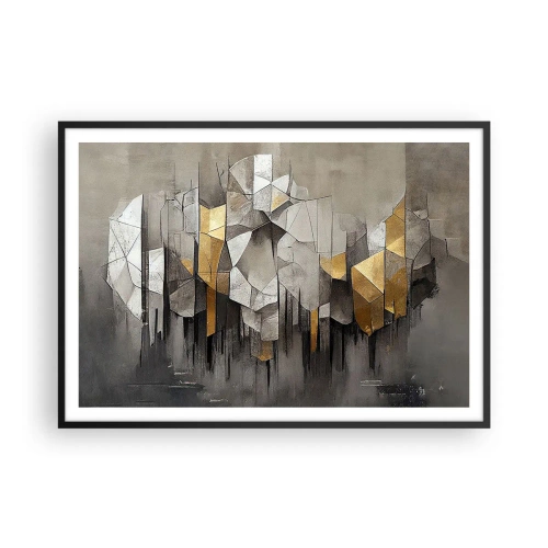 Poster in cornice nera - Astrazione geometrica nei toni dell'oro e del grigio - 100x70cm - Composizione di ghiaccio e luce - Decorazione murale moderna per soggiorno e camera da letto ARTTOR