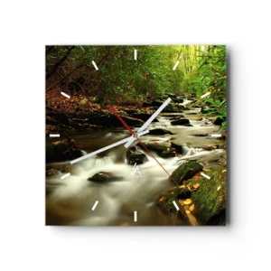 Orologio da parete - Orologio in Vetro - Un ruscello nella foresta che scorre tra le pietre circondato dal verde - 30x30cm - Come argento liquido - Decorazione murale moderna per soggiorno e camera da letto ARTTOR