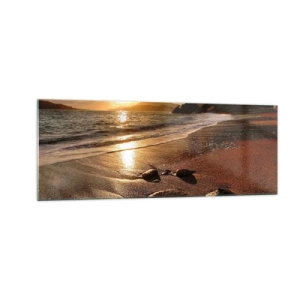 Quadro su vetro - Spiaggia al tramonto con pietre sulla riva - 140x50cm - Seguendo il sole verso le colline - Decorazione murale moderna per soggiorno e camera da letto ARTTOR