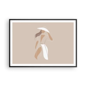 Poster in cornice nera - Un disegno minimalista di una donna con un cappello su uno sfondo beige. - 100x70cm - La moda è un gioco - Decorazione murale moderna per soggiorno e camera da letto ARTTOR