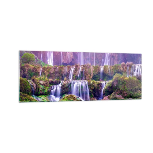 Quadro su vetro - Cascate immerse nel verde con luci pastello - 140x50cm - La scala verso il cielo - Decorazione murale moderna per soggiorno e camera da letto ARTTOR