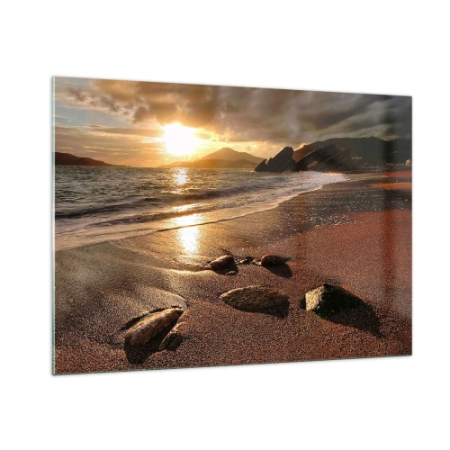 Quadro su vetro - Tramonto su una spiaggia rocciosa e colline - 100x70cm - Seguendo il sole verso le colline - Decorazione murale moderna per soggiorno e camera da letto ARTTOR