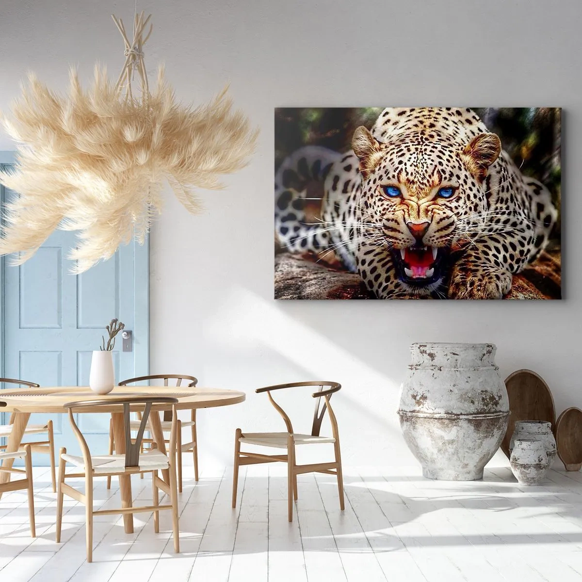 Quadro su tela - Stampe su Tela - Un leopardo minaccioso con intensi occhi blu - 70x50cm - La rabbia non rovina la bellezza - Decorazione murale moderna per soggiorno e camera da letto ARTTOR