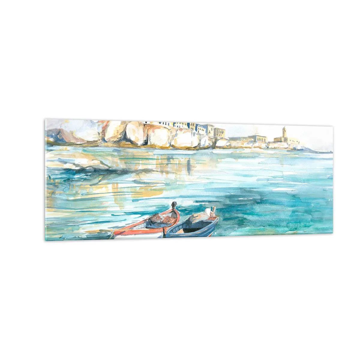 Quadro su vetro - Un pittoresco paesaggio costiero con barche sull'acqua - 140x50cm - Paesaggio in azzurro - Decorazione murale moderna per soggiorno e camera da letto ARTTOR