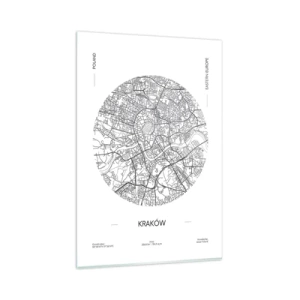 Quadro su vetro - Una mappa di Cracovia in stile minimalista - 80x120cm - Anatomia di Cracovia - Decorazione murale moderna per soggiorno e camera da letto ARTTOR