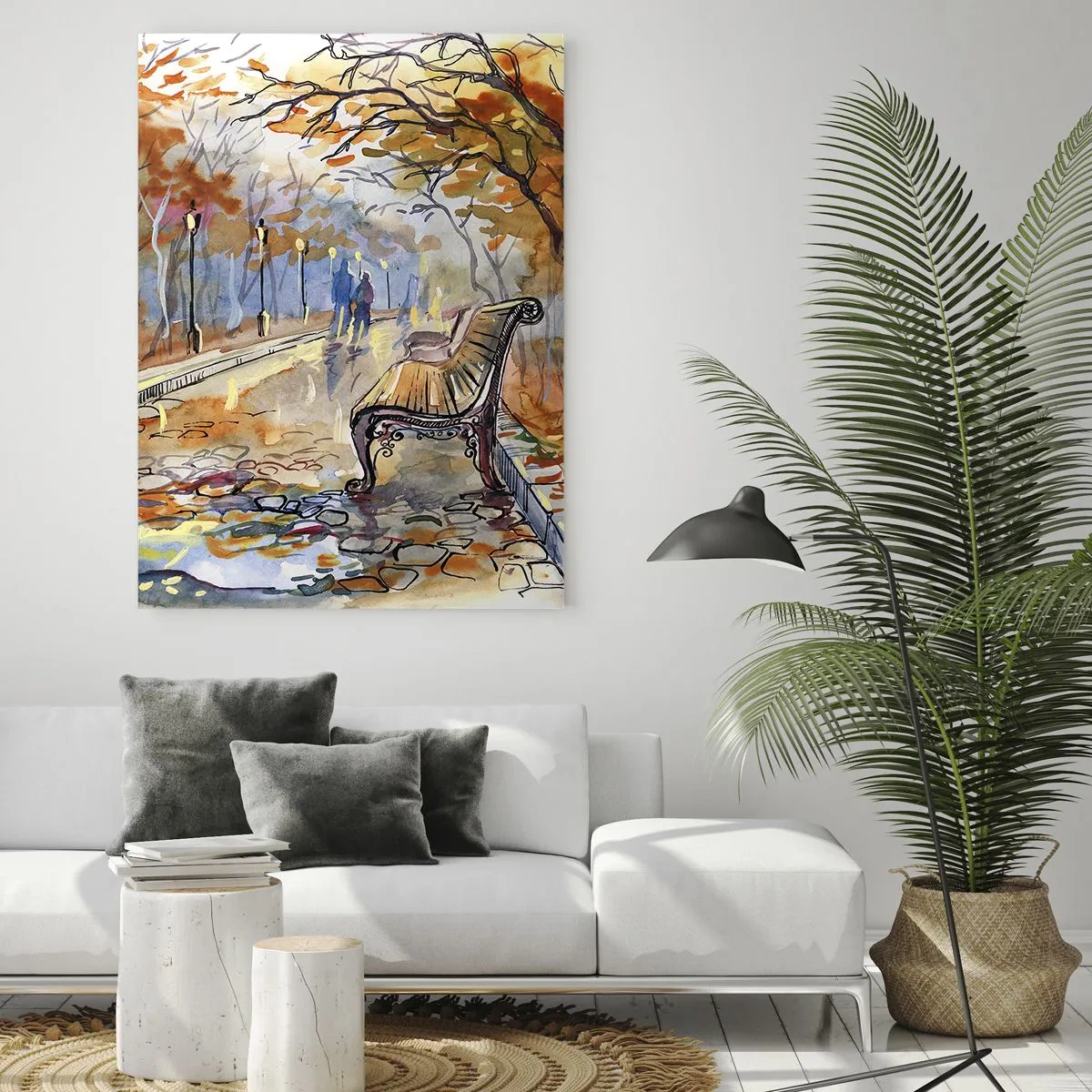 Quadro su vetro - Un parco autunnale con una panchina in acquerello - 80x120cm - Passeggiando insieme l'autunno - Decorazione murale moderna per soggiorno e camera da letto ARTTOR