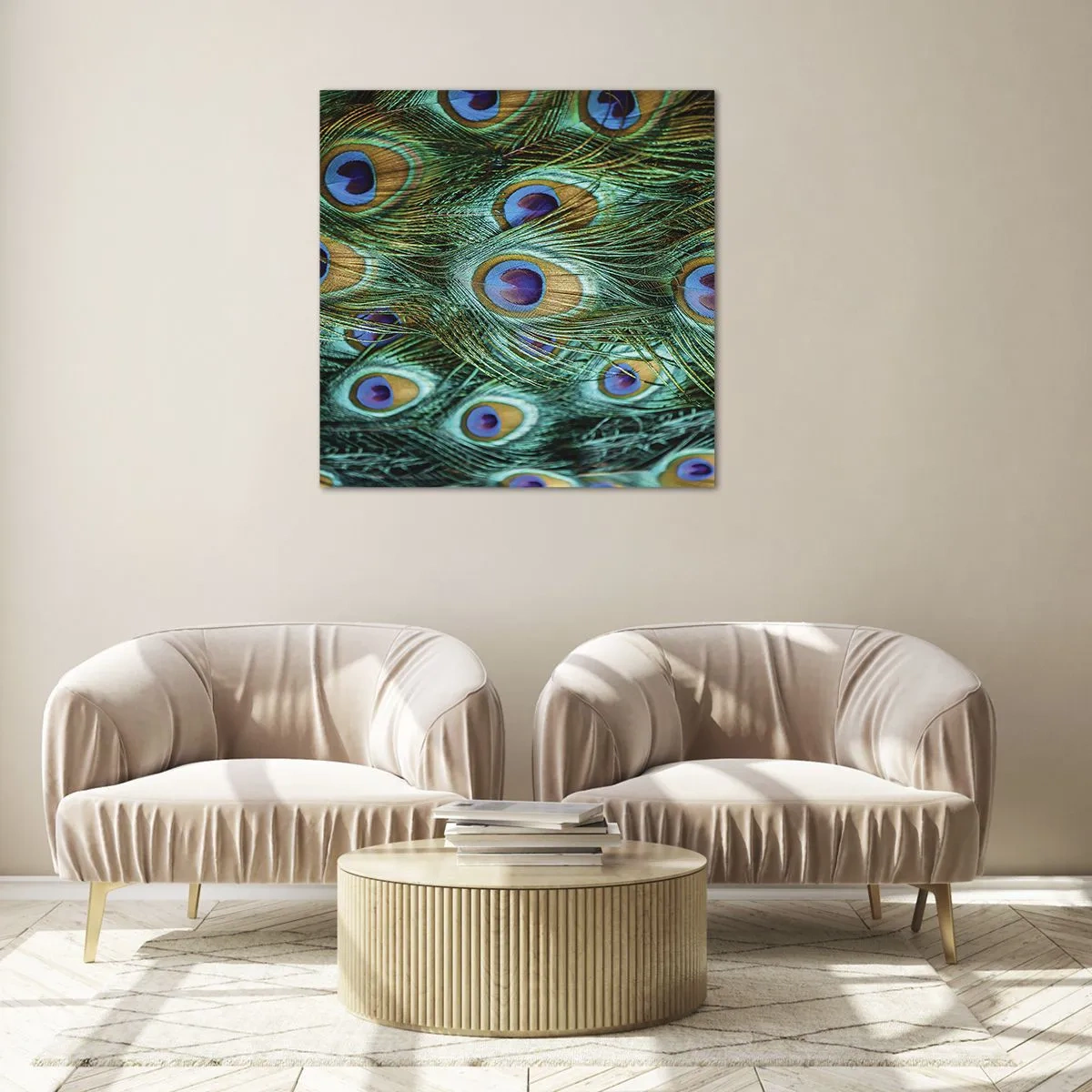 Quadro su vetro - Lo sguardo del pavone - 30x30 cm