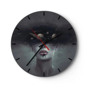 Orologio da parete - Orologio in Vetro - Una composizione cosmica di pianeti nella testa di una donna su uno sfondo scuro. - 30x30cm - E i pianeti folleggiano... - Decorazione murale moderna per soggiorno, cucina e camera da letto ARTTOR