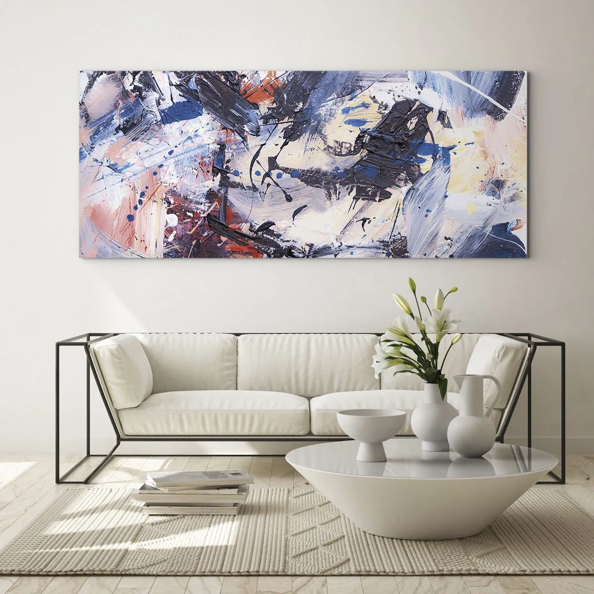 Quadro su vetro - Astrazione con pennellate dinamiche in blu e rosso. - 140x50cm - La danza folle dell'astrazione - Decorazione murale moderna per soggiorno e camera da letto ARTTOR