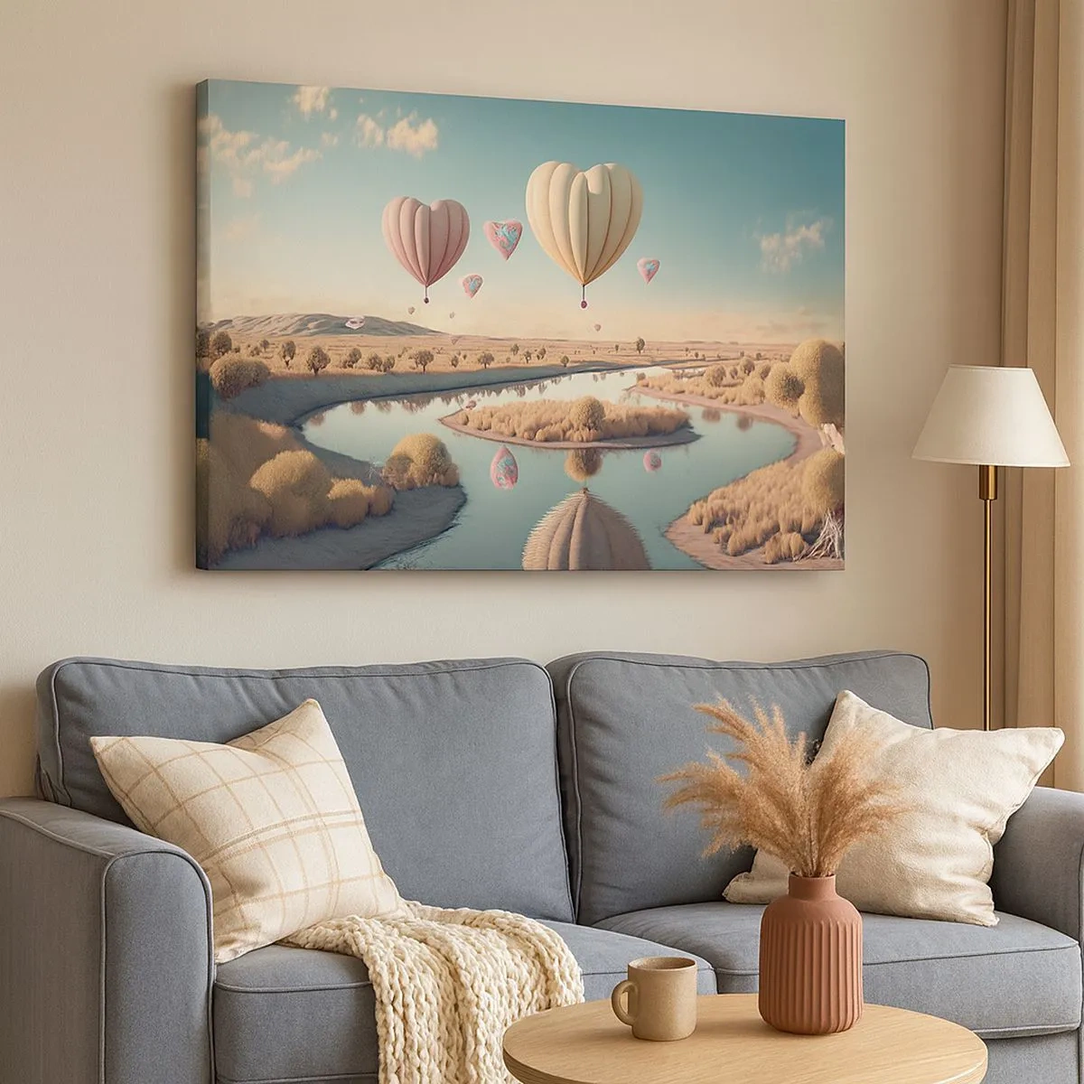 Quadro su tela - Stampe su Tela - Palloncini a forma di cuore che fluttuano sopra il paesaggio - 70x50cm - L'amore permette di volare - Decorazione murale moderna per soggiorno e camera da letto ARTTOR