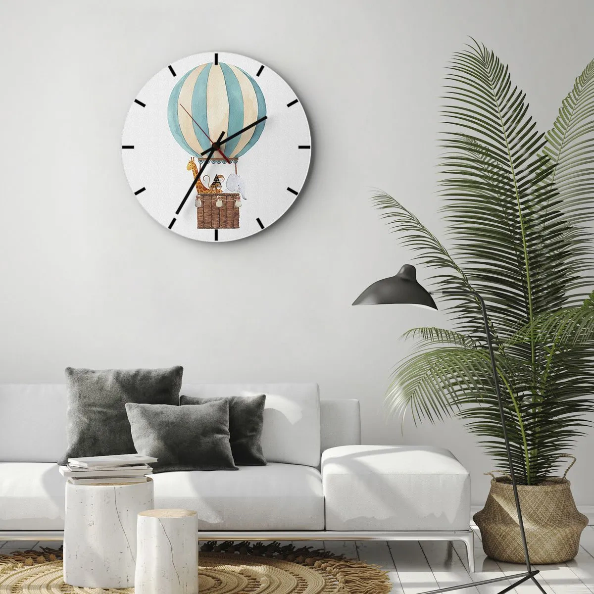 Orologio da parete - Orologio in Vetro - Un pallone con una giraffa e un elefante che fluttuano tra le nuvole - 30x30cm - Una gita fantastica - Decorazione murale moderna per soggiorno, cucina e camera da letto ARTTOR