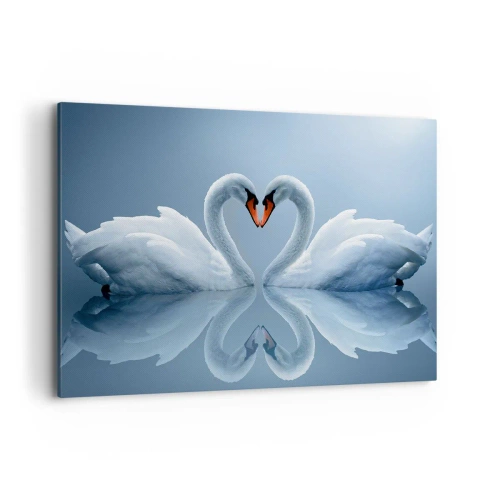 Quadro su tela - Stampe su Tela - Due cigni formano un cuore su una superficie calma dell'acqua - 100x70cm - Il tempo dell'amore - Decorazione murale moderna per soggiorno e camera da letto ARTTOR