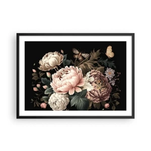 Poster in cornice nera - Un bouquet di fiori rosa e farfalle su uno sfondo nero - 70x50cm - In stile barocco - Decorazione murale moderna per soggiorno e camera da letto ARTTOR
