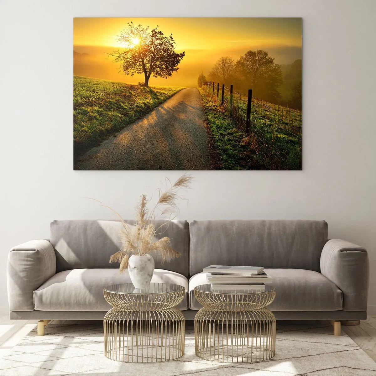 Quadro su vetro - Una strada attraverso un paesaggio rurale al tramonto - 120x80cm - Pomeriggio di miele - Decorazione murale moderna per soggiorno e camera da letto ARTTOR