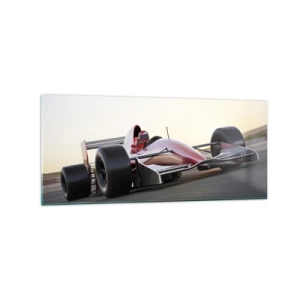 Quadro su vetro - Una macchina rossa di Formula 1 su una pista da corsa mentre guida - 120x50cm - Sempre vincente - Decorazione murale moderna per soggiorno e camera da letto ARTTOR