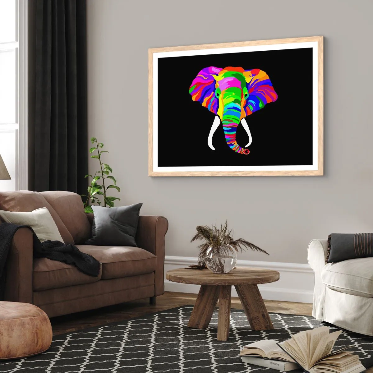 Poster in cornice rovere chiaro - L'elefante che faceva il bagno nell'arcobaleno - 40x30 cm