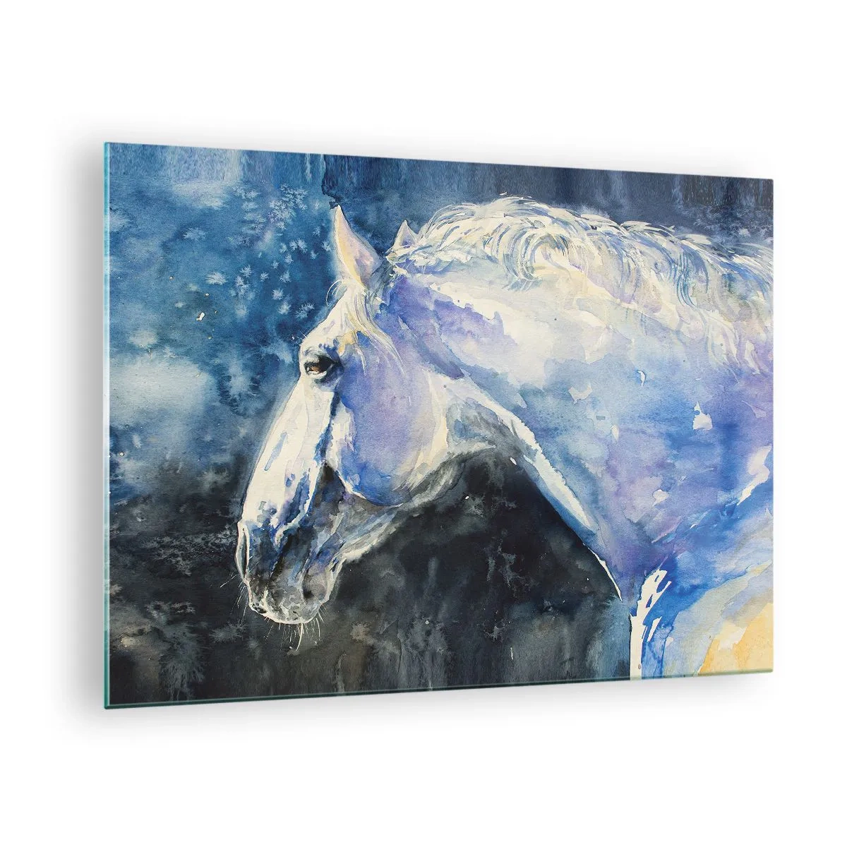 Quadro su vetro - Ritratto ad acquerello di un cavallo nei toni del blu - 70x50cm - Ritratto in luce blu - Decorazione murale moderna per soggiorno e camera da letto ARTTOR