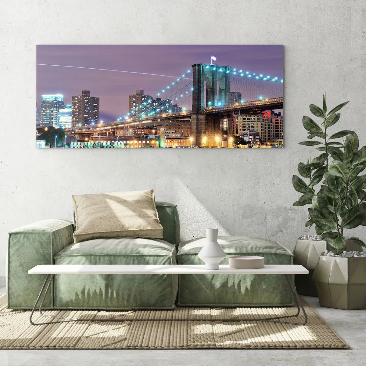 Quadro su vetro - Ponte di Brooklyn di notte con la città illuminata sullo sfondo - 120x50cm - Da tanti anni il ponte di Brooklyn - Decorazione murale moderna per soggiorno e camera da letto ARTTOR