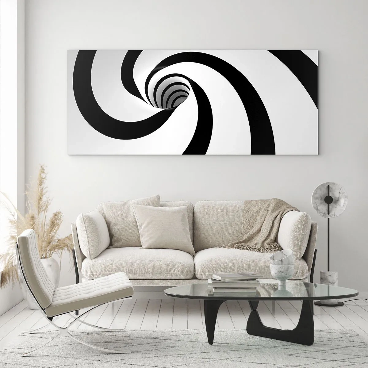 Quadro su vetro - Spirale astratta in bianco e nero con effetto vortice - 160x50cm - Lasciarsi andare al vortice? - Decorazione murale moderna per soggiorno e camera da letto ARTTOR