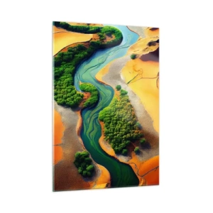 Quadro su vetro - Oasi verdi e un fiume tra dune arancioni - 50x70cm - Il fiume della vita - Decorazione murale moderna per soggiorno e camera da letto ARTTOR