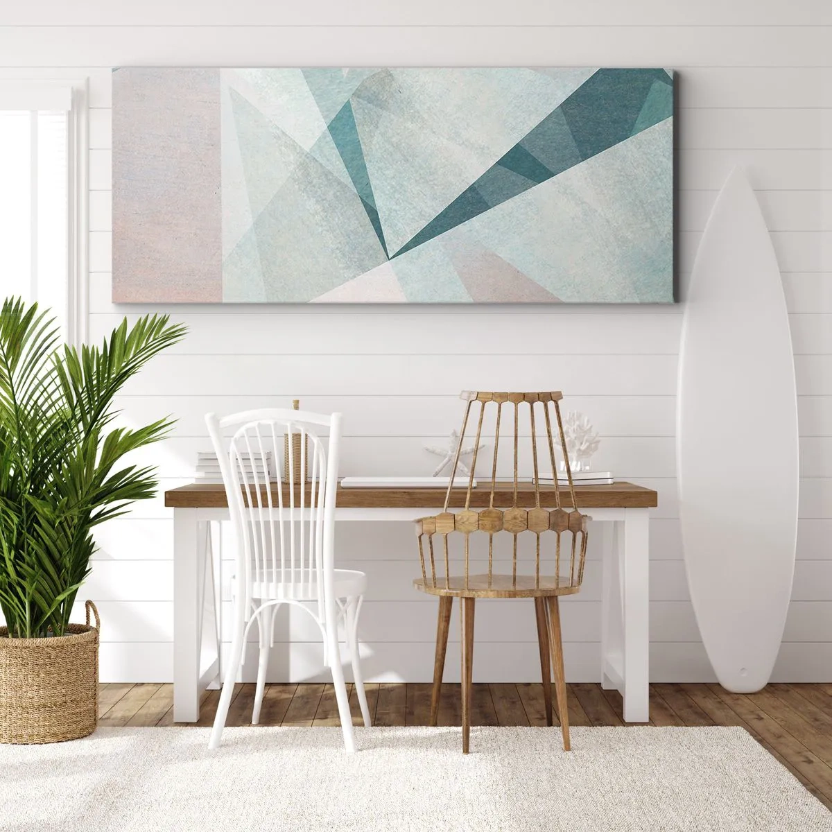 Quadro su tela - Stampe su Tela - Forme geometriche in tonalità pastello di blu e grigio - 120x50cm - Con calma ma dinamicamente - Decorazione murale moderna per soggiorno e camera da letto ARTTOR