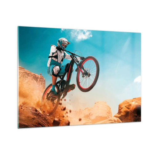 Quadro su vetro - Scena dinamica di un ciclista in azione su un terreno roccioso - 100x70cm - Il demone della follia ciclistica - Decorazione murale moderna per soggiorno e camera da letto ARTTOR
