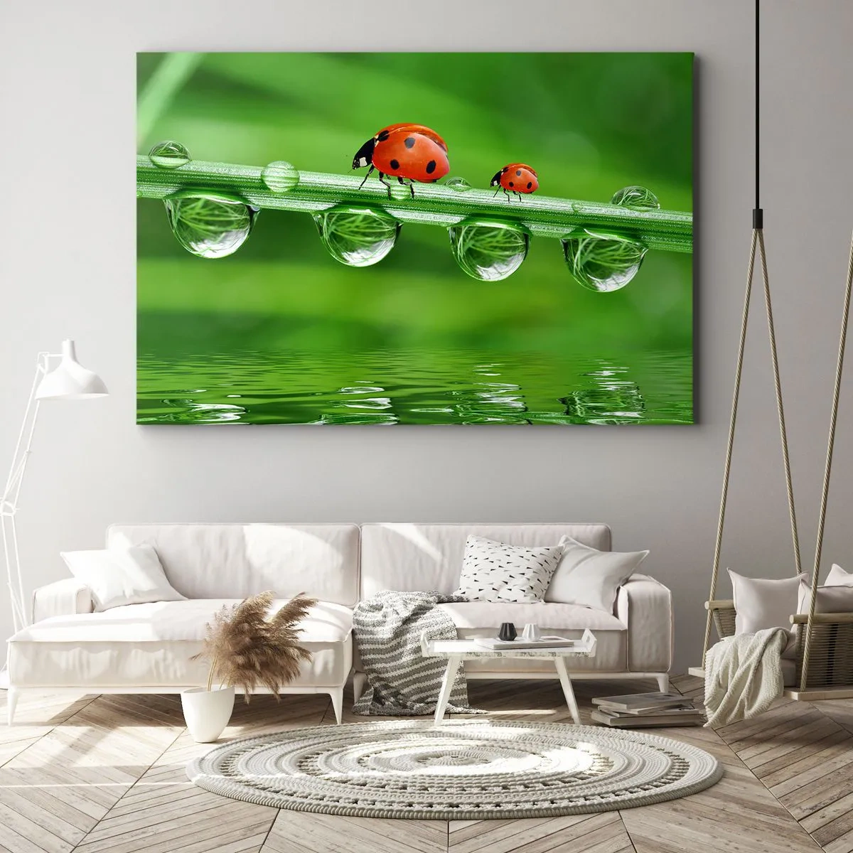Quadro su tela - Stampe su Tela - Coccinelle su un filo d'erba con gocce di rugiada in un ambiente naturale - 120x80cm - In cammino per tutta l'estate - Decorazione murale moderna per soggiorno e camera da letto ARTTOR