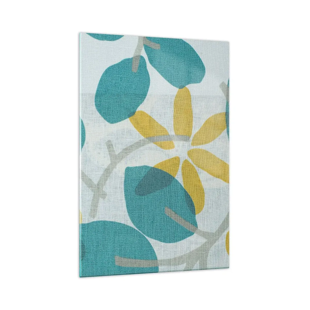 Quadro su vetro - Foglie nei toni del turchese e del giallo su uno sfondo chiaro - 70x100cm - Tra le foglie azzurre - Decorazione murale moderna per soggiorno e camera da letto ARTTOR