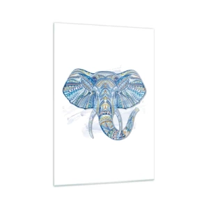 Quadro su vetro - Elefante geometrico nei toni del blu e dell'oro - 70x100cm - Intarsiato con oro e blu - Decorazione murale moderna per soggiorno e camera da letto ARTTOR