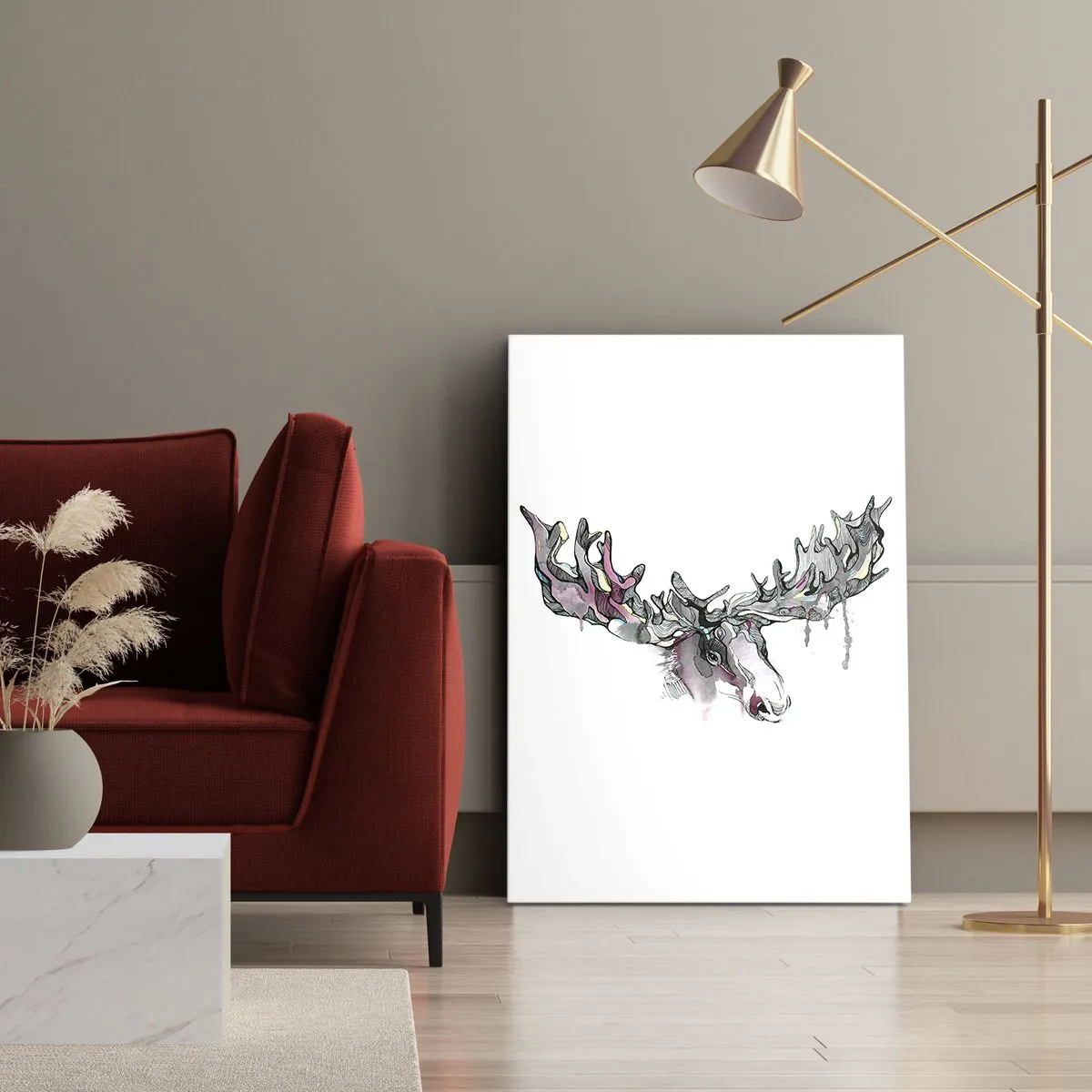 Quadro su tela - Stampe su Tela - Acquerello artistico di un alce con corna folte - 50x70cm - La corona del re del bosco - Decorazione murale moderna per soggiorno e camera da letto ARTTOR