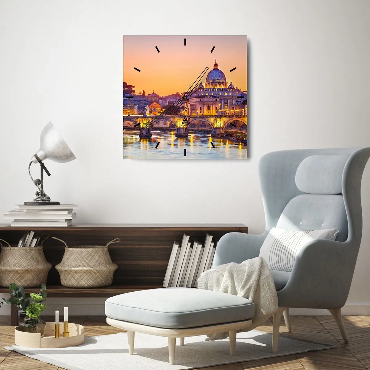 Orologio da parete - Orologio in Vetro - Panorama del Vaticano al tramonto con un ponte sul fiume - 30x30cm - Tramonto sulla Città Eterna - Decorazione murale moderna per soggiorno e camera da letto ARTTOR