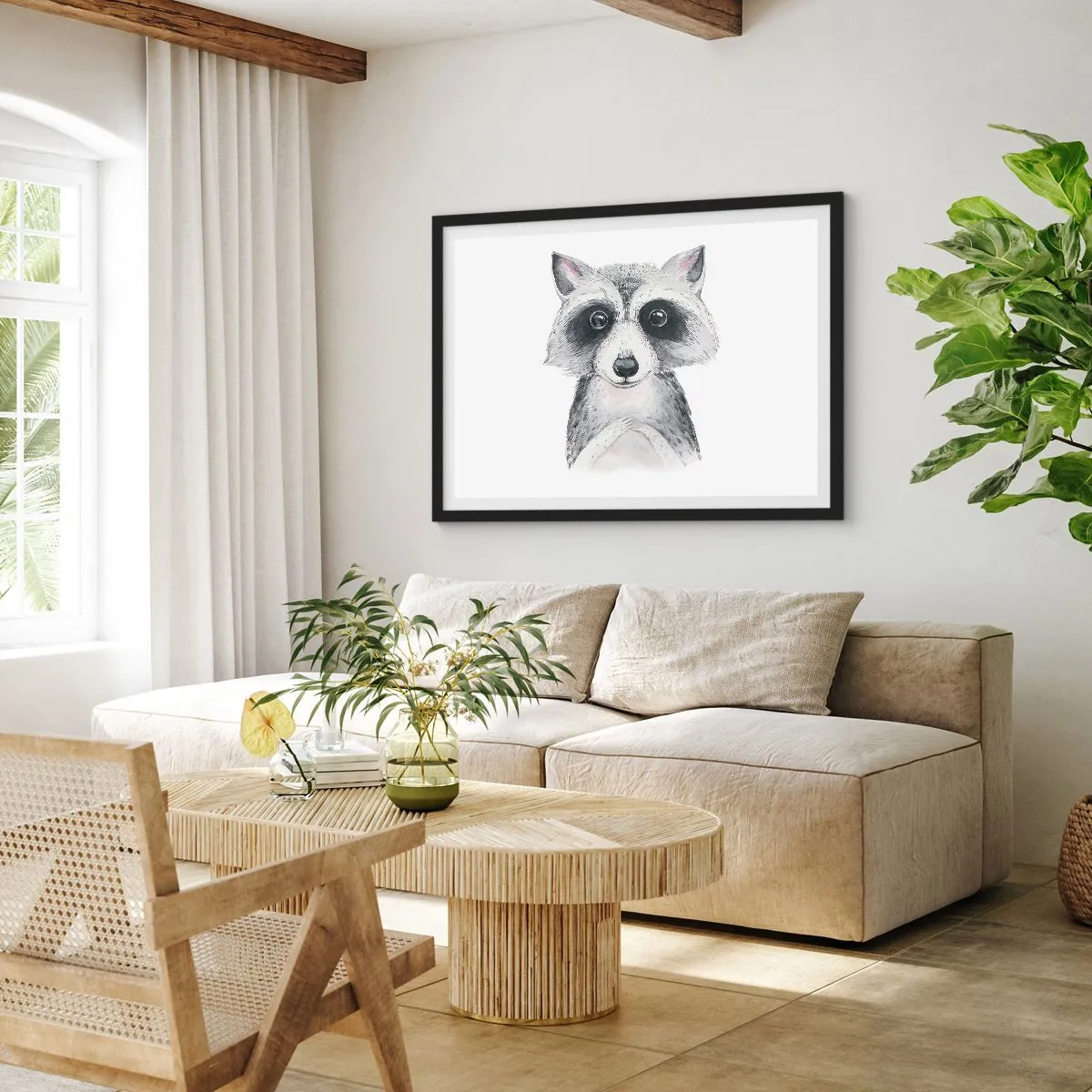 Poster in cornice nera - Adorabile ritratto di un procione su sfondo bianco - 100x70cm - Un attimo di commozione - Decorazione murale moderna per soggiorno e camera da letto ARTTOR