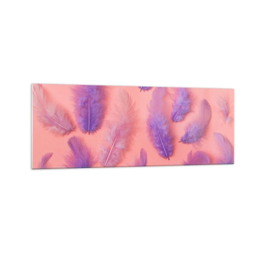 Quadro su vetro - Piume viola e rosa su uno sfondo pastello - 140x50cm - L'uccello lilla del desiderio - Decorazione murale moderna per soggiorno e camera da letto ARTTOR