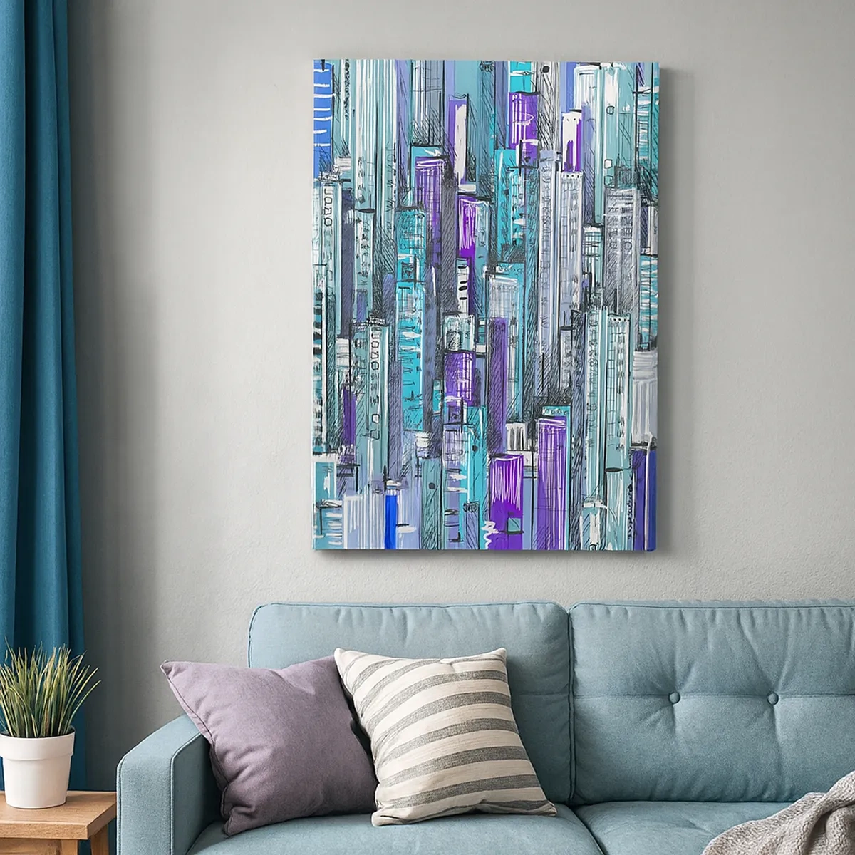 Quadro su tela - Stampe su Tela - Illustrazione di una città con edifici geometrici nelle tonalità del blu e del viola. - 50x70cm - Bluastri dal cielo - Decorazione murale moderna per soggiorno e camera da letto ARTTOR