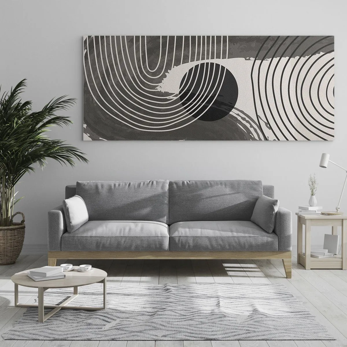 Quadro su vetro - Linee geometriche e ovali in tonalità monocromatiche - 120x50cm - L'ovale vittorioso - Decorazione murale moderna per soggiorno e camera da letto ARTTOR